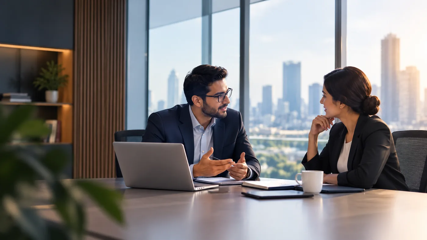 Two corporate professionals in discussion across a meeting table in a high-rise office overlooking the city skyline.